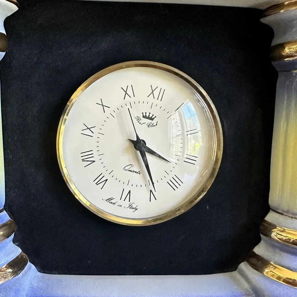 VTG Mantle Clock 10 Inch Italy Blue Yellow Gold‎ Accent Vase Porcelain Works